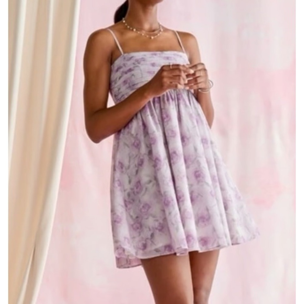 Mi Ami Francesca's Purple Floral Mini Dress Smocked Back Spaghetti Strap XS